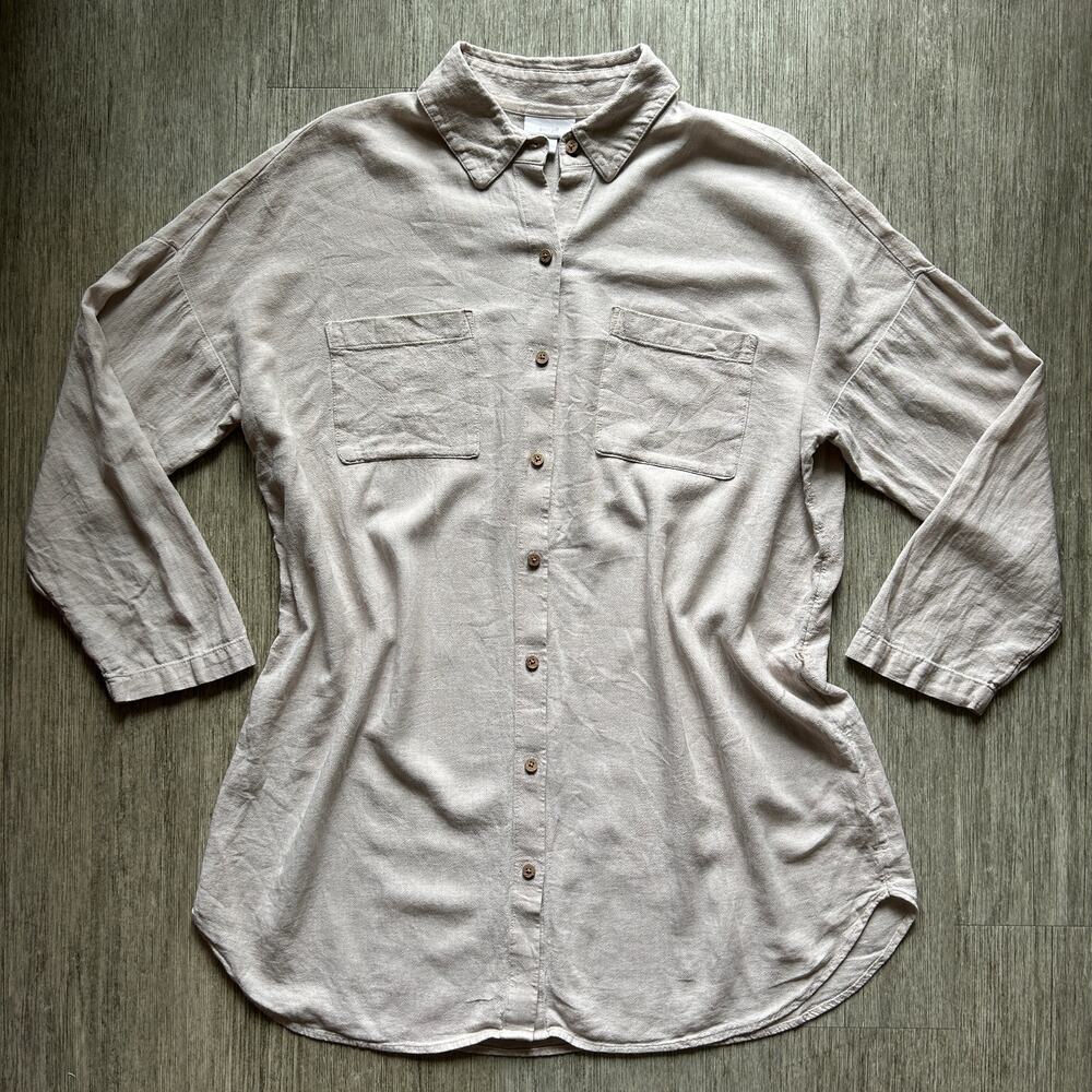 J. Jill Beige Long Sleeve Linen Blend Pockets Button Down Shirt Dress Size Large